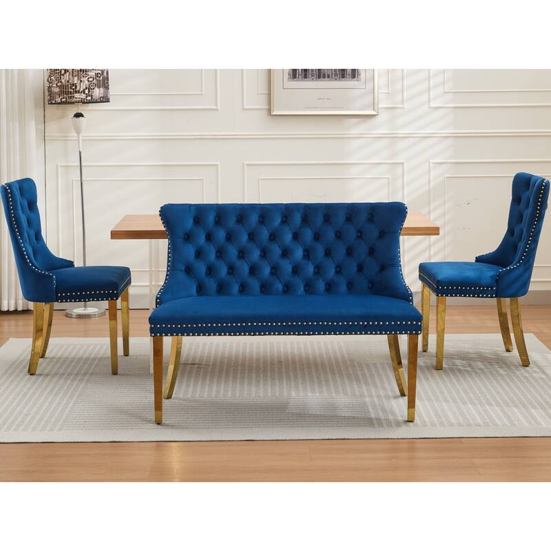 Roomfitters Upholstered Loveseat Bench with Nailhead Trim and Gold Legs, Modern High Back Settee for Dining Room