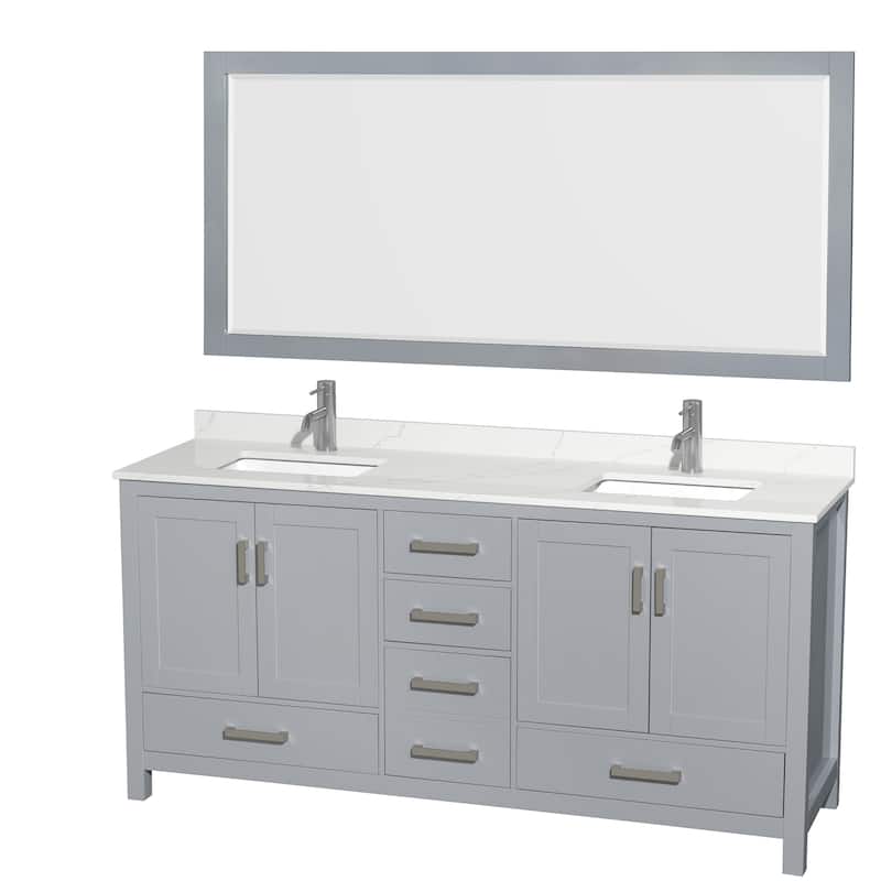Sheffield 72-inch Double Vanity, Single Hole Quartz Top,70-inch Mirror - Gray, Chrome Trim, Giotto Quartz Top