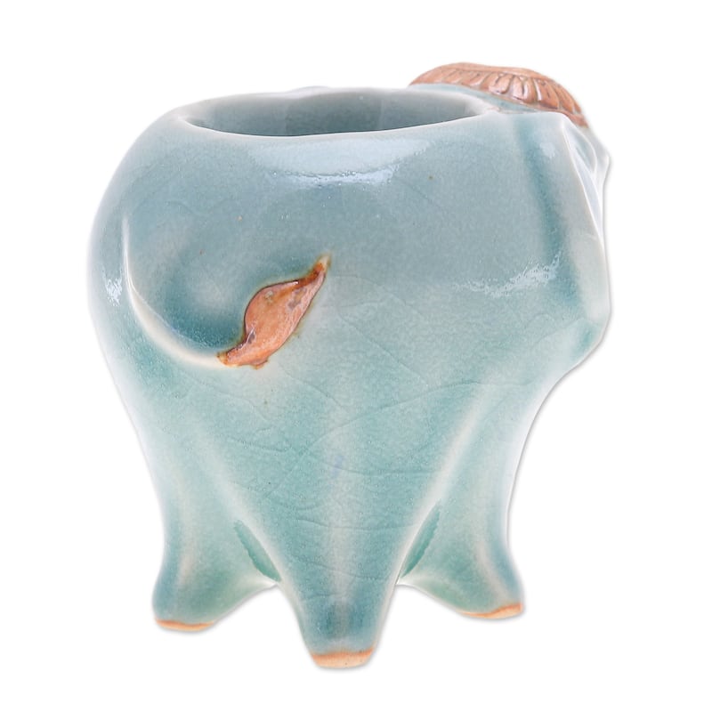 Novica Handmade Bright Elephant In Green Celadon Ceramic Tealight Holder