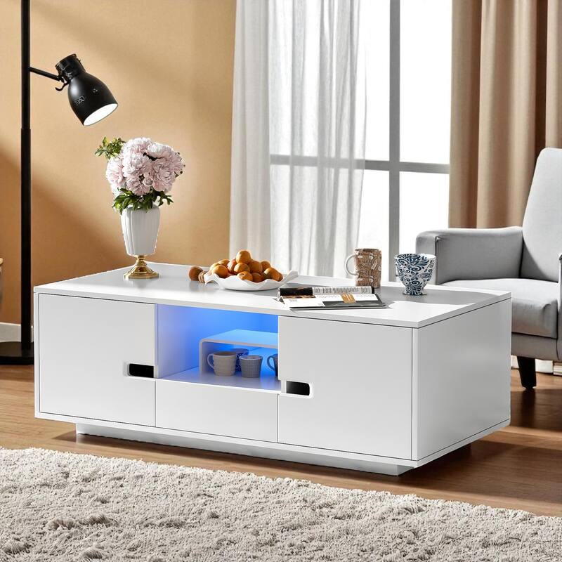 Modern High Gloss Rectangle Coffee Table with Storage and 16-Color LED Lights, Contemporary Center Table