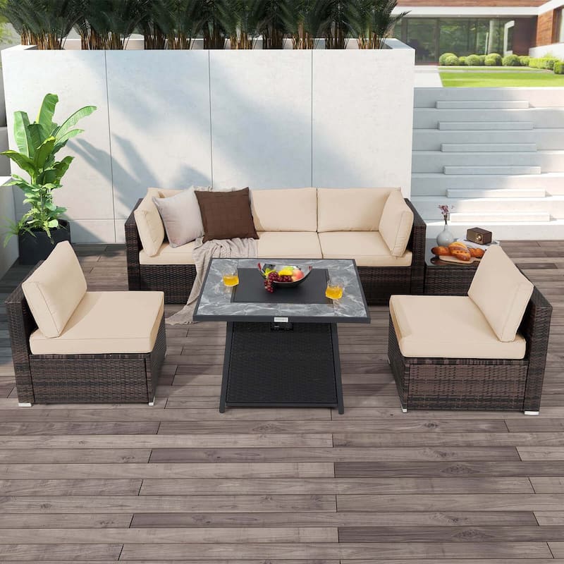 Costway 7 PCS Patio Furniture Set with 35" Propane Gas Fire Pit Table - See Details - Brown