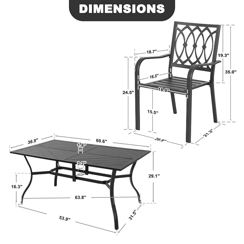 7PCS Metal Rectangle Patio Dining Set with Umbrella Hole, Stackable Design