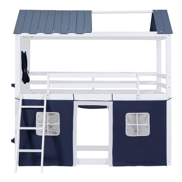slide 2 of 14, White+Blue Twin Over Twin Playhouse Bunk Bed, Kids Loft Bed w/ Tent White+Blue - Twin