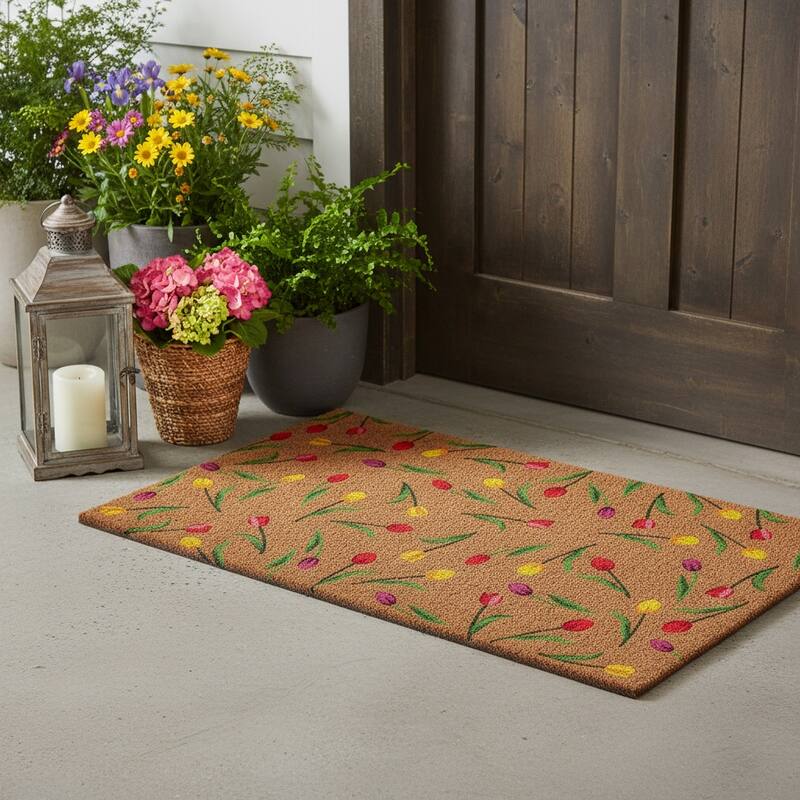 HomeRoots 17" X 29" Brown Red And Green Floral Outdoor Coir Door Mat - 17.00' X '29.00 - 17.00' X '29.00
