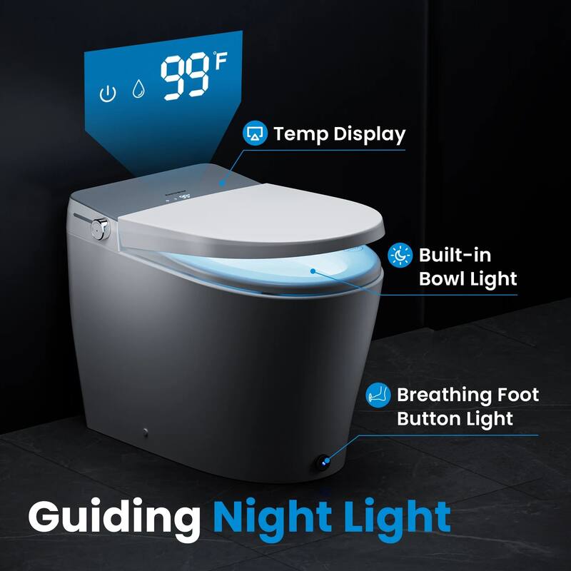 Elongated Electric Smart Bidet Toilet with Auto Open Lid, Foot Kick Flush, Night Light, 1.06 GPF