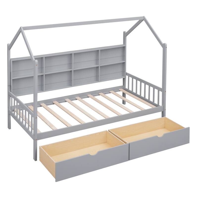 Wooden Twin Size House Bed with 2 Drawers,Kids Bed with Storage Shelf