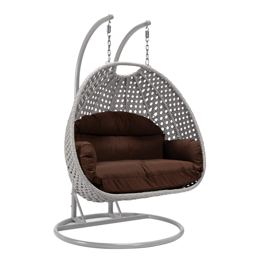 Mendoza 2-Person Hanging Egg Swing Chair with Iron Metal Stand Handcrafter Grey Wicker Hammocks for Outdoor Patio or Indoor Use