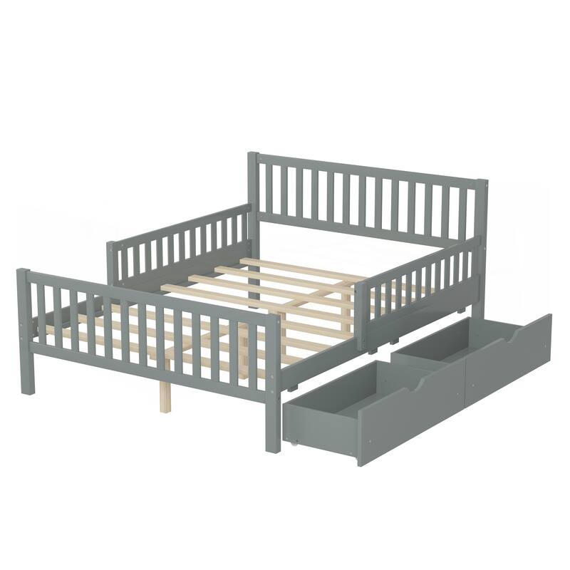 Full Size Wood Platform Bed with Guardrails on Both Sides