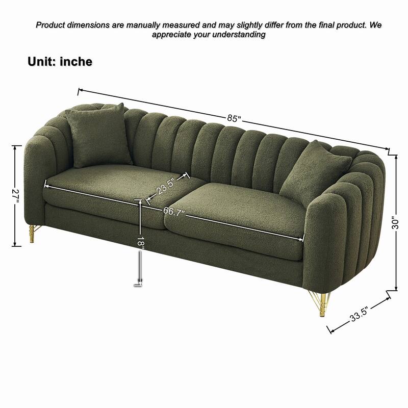 Oversized Chenille Boneless Sofa, Tufted Upholstered Couch with 2 Throw Pillows, 3 Seater Sofa with Metal Legs