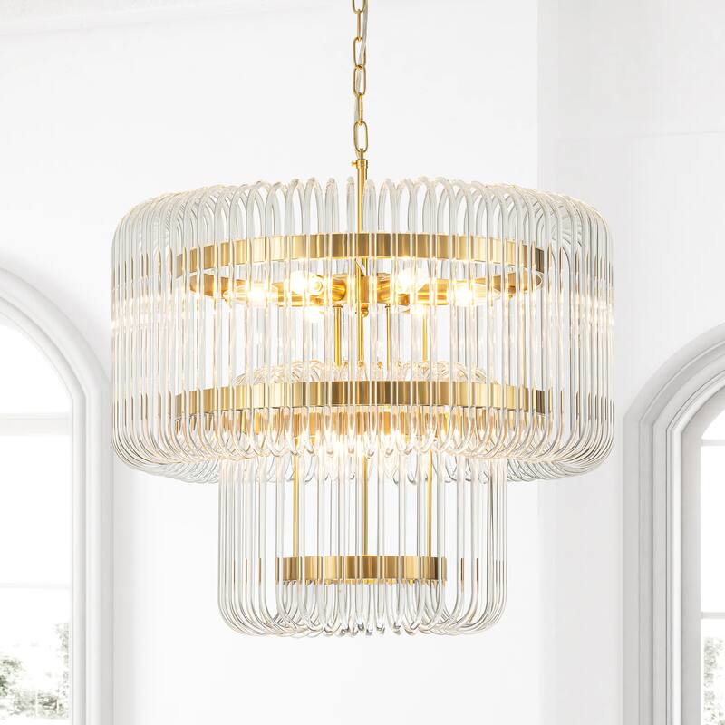 9-Light Modern Glam Drum Crystal Chandelier for Dining Room/Living Room 2-Tiered Round Chandelier Kitchen Island Pendant Light