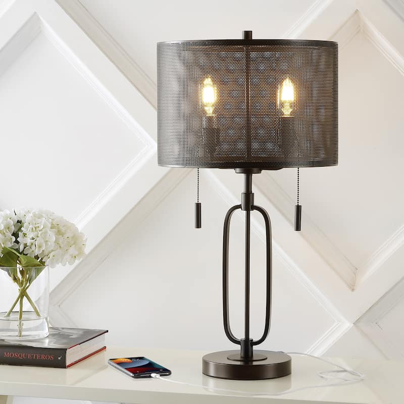 Asher 27" 2-Light Industrial Farmhouse Iron LED Table Lamp with USB Charging Port, Oil Rubbed Bronze by JONATHAN Y - Oil Rubbed Bronze