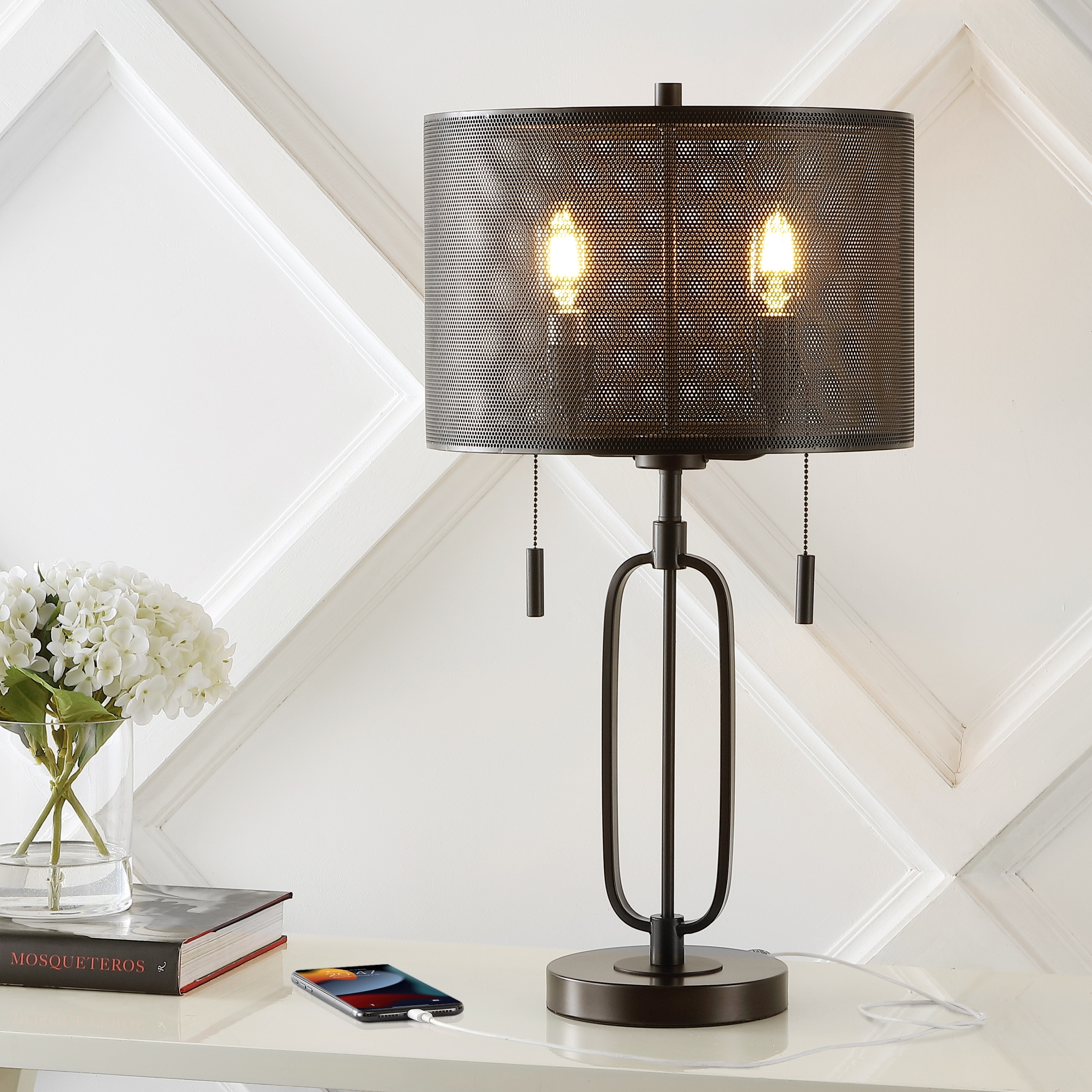 JONATHAN Y Asher 27" 2-Light Industrial Farmhouse Iron LED Table Lamp with USB Charging Port, Oil Rubbed Bronze