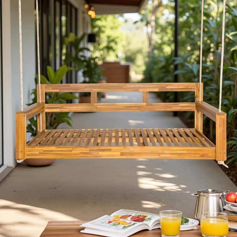 Acacia Wood Porch Swing Daybed with 4 Hanging Ropes Twin Size Outdoor Swing Bed, 350lb Capacity - Natural
