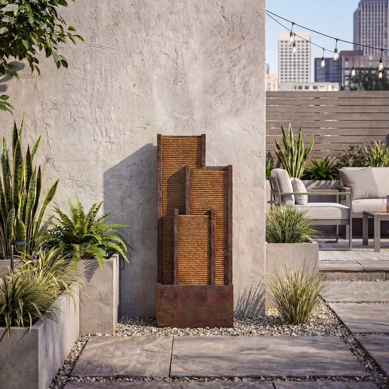 Vbal 3 Tier Brown Step Style Outdoor Water Fountain 39.76in Height with Warm Lights
