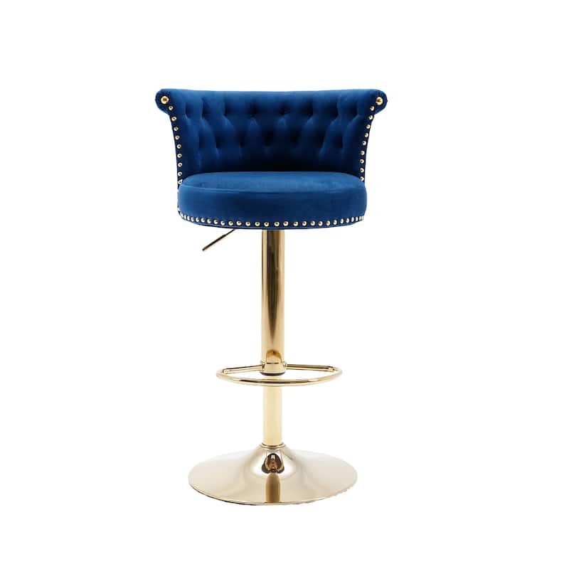 Velvet Upholstered Tufted Nailheads Swivel Adjustable Height Bar Stools With Golden Footrest(set of 2)