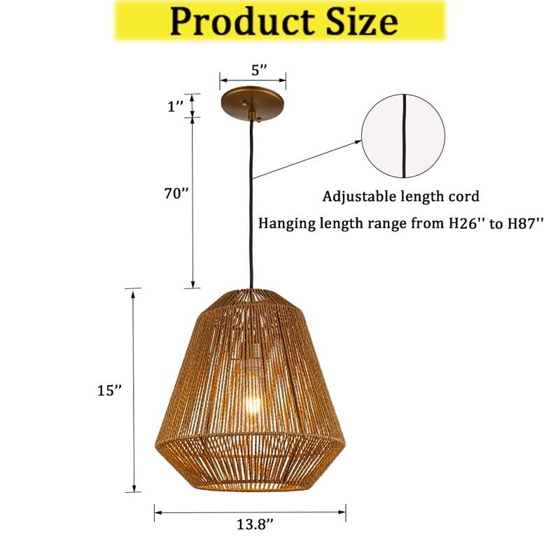 CraftHome Handcrafted 1-Light Farmhouse Natural Rattan Pendant Light With Boho Rope Woven Shape - W14"