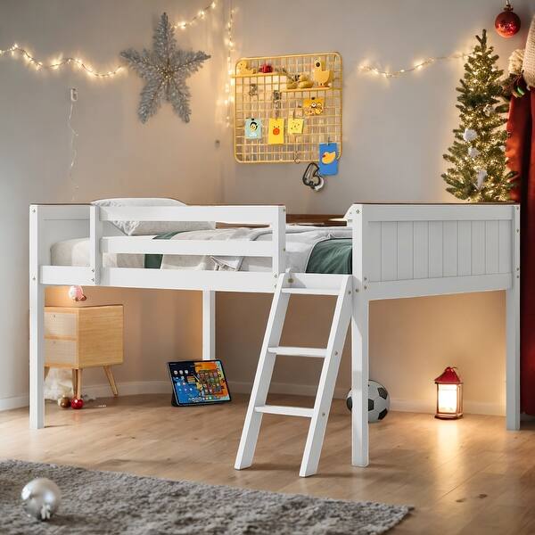 slide 2 of 20, Full Size Wood Low Loft Bed with Ladder, Ladder on Left or Right, White White