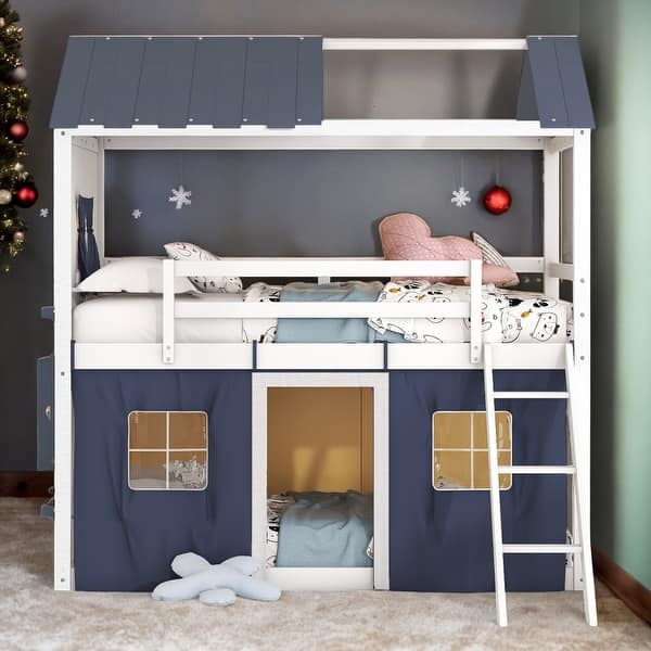 slide 2 of 23, Twin Size Bunk Wood House Bed with Elegant Windows, Sills and Tent Blue