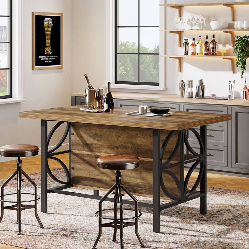 63-Inch Large Home Bar Table with Footrest, Rustic Brown - Brown + Black