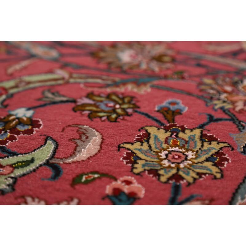 Floral Pink Tabriz Persian Rug Handmade Wool & Silk Carpet - 4'1"x 7'0"