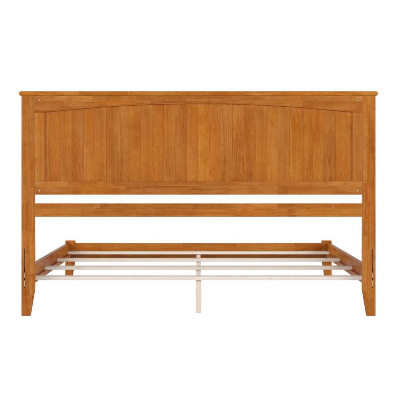 King Bed Frame with Charging Station - Solid Wood Foundation, Grooved Detailing, Light Toffee Finish