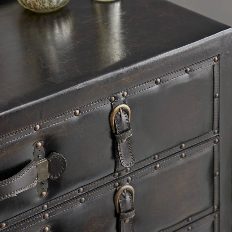 Black Wooden Vintage Faux Leather Room Chest with Buckles and Straps Detailing
