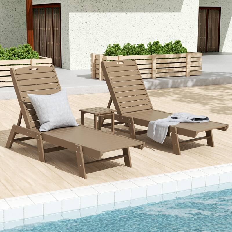 Laguna Hdpe All Weather Outdoor Patio Pool Reclining Armless Chaise Lounges With Square Side Table (3-Piece Set) - Weatherwood
