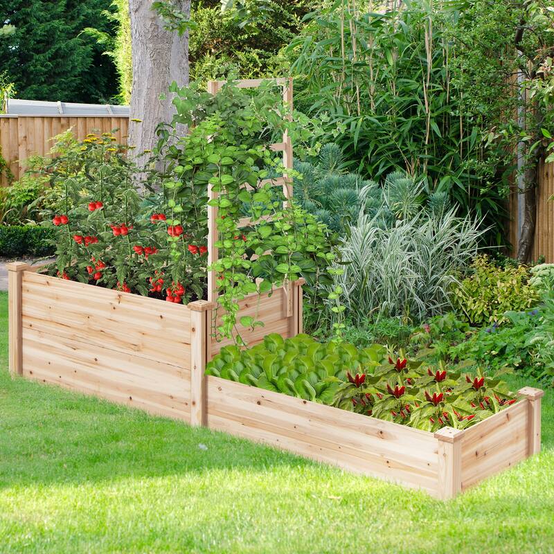 Gymax Raised Garden Bed w/ 2 Planter Boxes & Trellis Outdoor Wooden