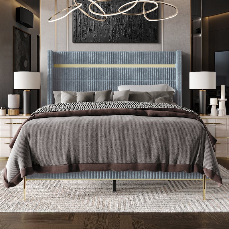 CraftPorch Corduroy Luxurious Gold PU Strip Wingback Velvet Upholstered Bed