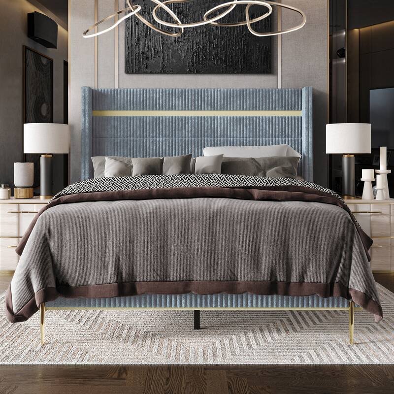 CraftPorch Luxurious Gold PU Strip Wingback Velvet Upholstered Bed