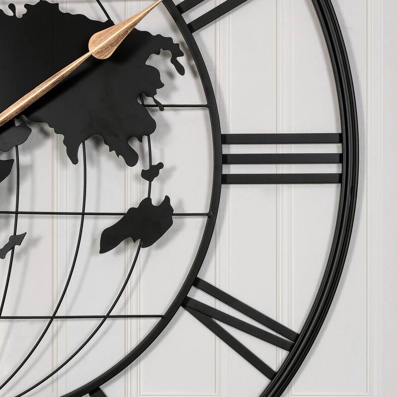 36 in Large Black Metal with Gold Pointers Silent World Map Wall Clock - 35.5 in
