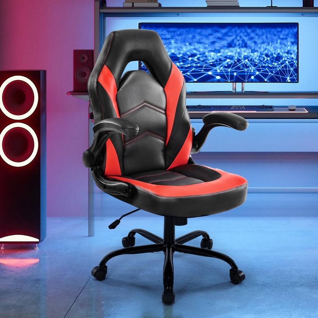 Ergonomic PU Leather Gaming Chair Adjustable Height with Flip-up Armrest for Adults, Kids