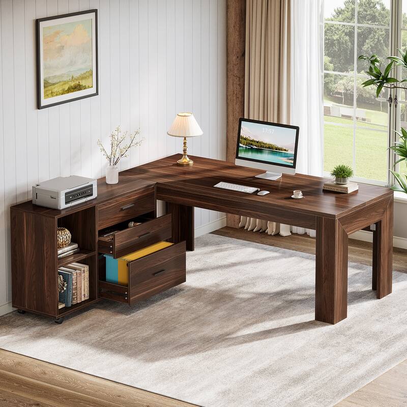 63" L Shaped Executive Office Desk with Mobile Lateral File Cabinet