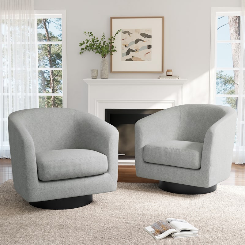 2 Set Chenille Swivel Barrel Chairs Upholstered Armchairs For Living Room - Light Grey