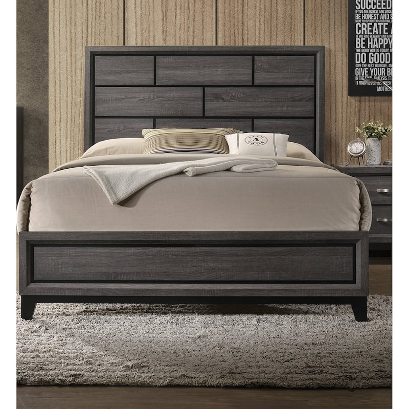 Gray Finish Queen Size Panel Low-profile Bed Geometric Design Wooden Furniture - Brown Gray