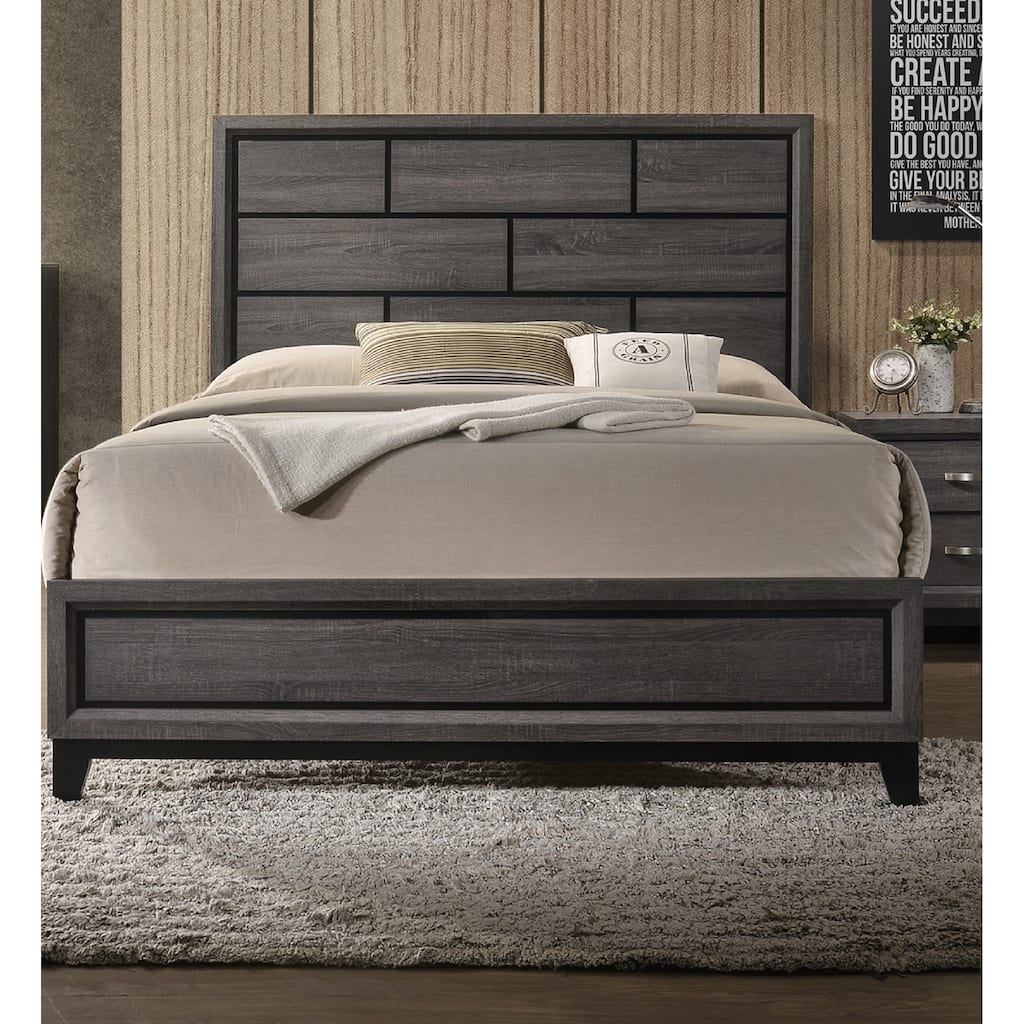 Gray Finish Queen Size Panel Low-profile Bed Geometric Design Wooden Furniture