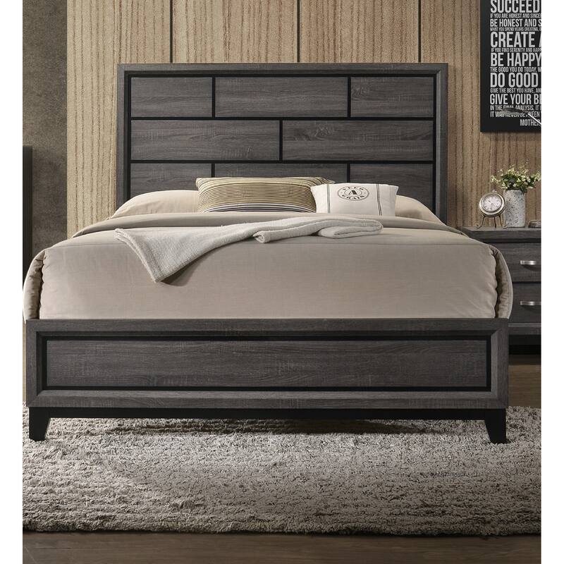 Queen Size Wood Contemporary Platform Bed with Geometric Headboard - Brown Gray