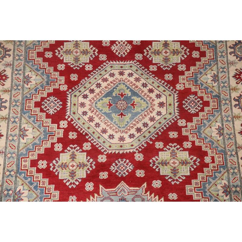 Red Kazak Area Rug Hand-Knotted Geometric Wool Carpet - 6'8" x 9'11"