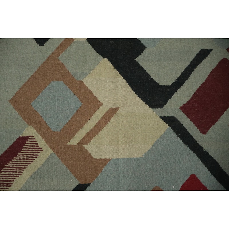 Hand Woven Oriental 100% Wool Carpet Southwestern Modern Navy Blue & Blues Kilim Area Rug - 10' 2'' X 8' 3''