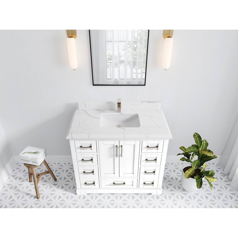 Willow Collection 42 in W x 22 in D x 36 in H Boston Single Bowl Sink Bathroom Vanity with Countertop - 1.5"Calacatta - White