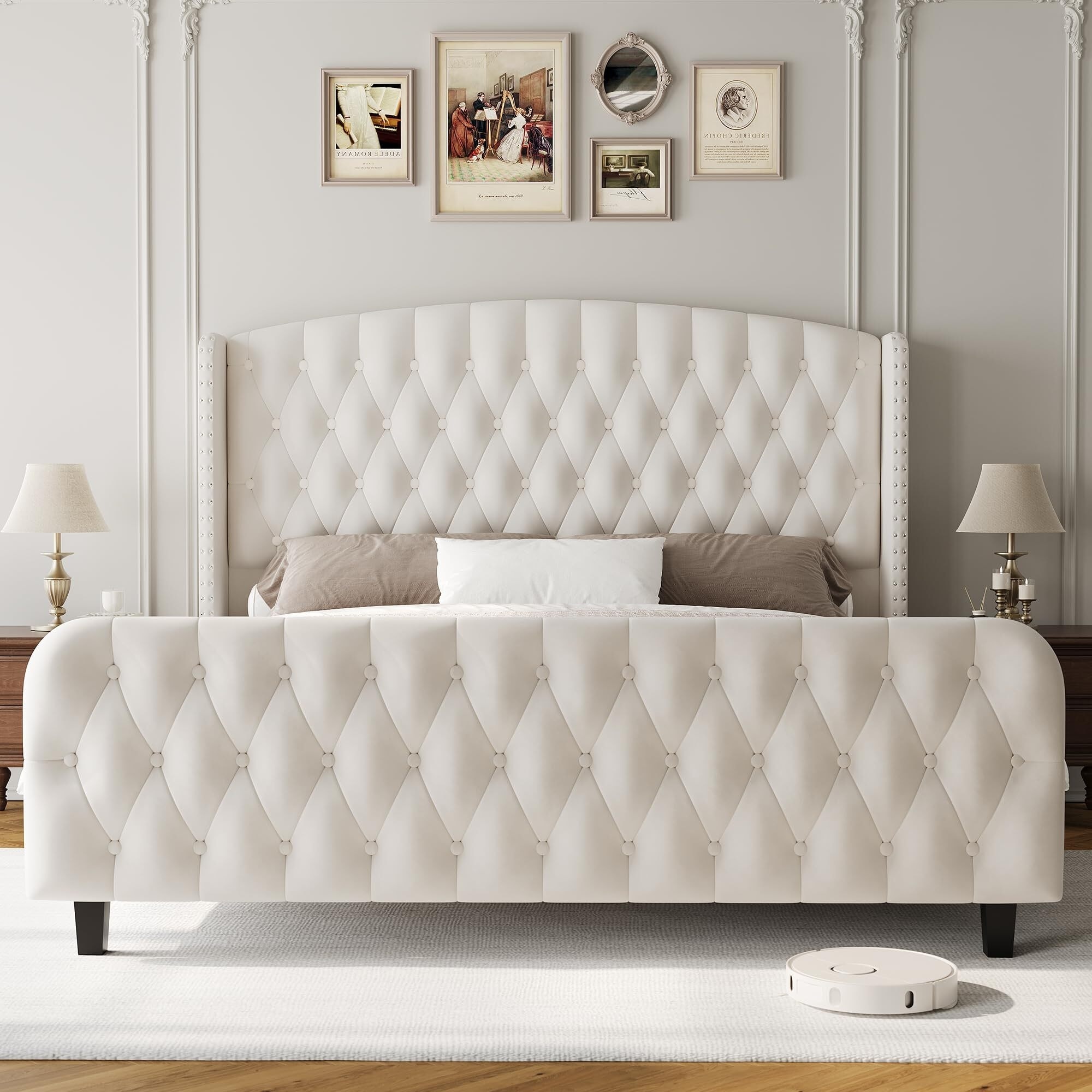 Bed Frame Tall Queen Size Deep Button Tufted Wingback Headboard and Footboard