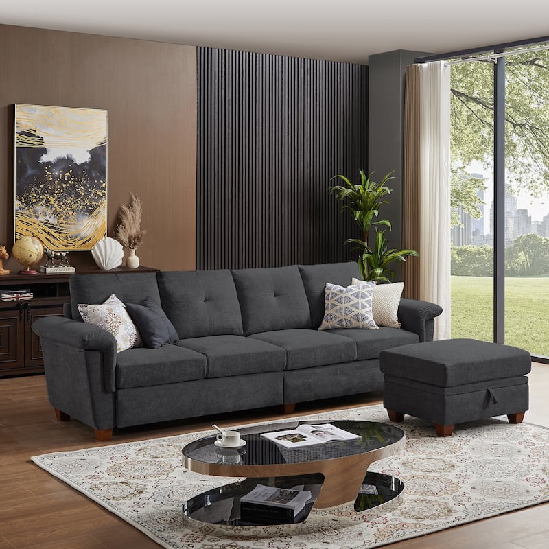 109" Modern 4 Seaters Towelling Sectional Sofa with Hidden Coffee Table Adjustable Headrest and Large Storage Space
