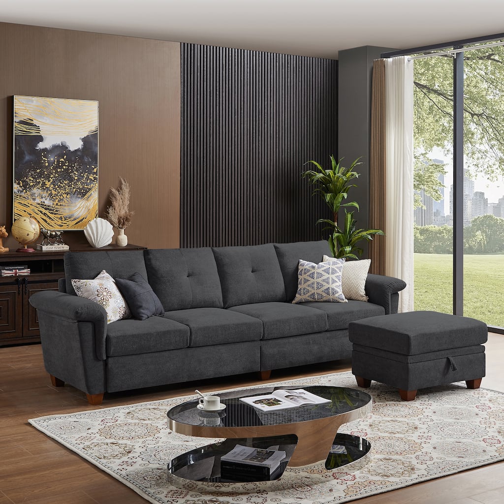 109" Modern 4 Seaters Towelling Sectional Sofa with Hidden Coffee Table