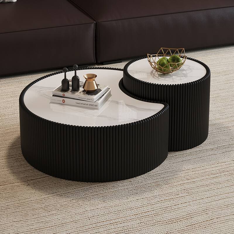 Stylish Modern Coffee Table with Light Sintered Stone Top, Irregular Accents Table, Sofa Side Table with Faux Leather Frame
