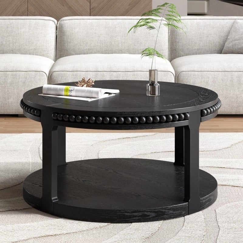 Round Solid Wood Coffee Table, Two-Tier Design with Sturdy Construction for Living Room Elegance