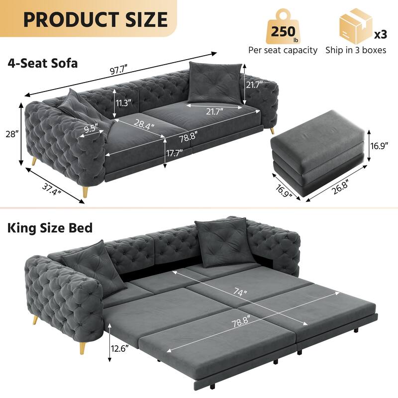 97.7" 3-in-1 Convertible Sleeper Sofa, Pull Out Sofa Bed with Ottoman, 4-Seater for Small Spaces & Apartments