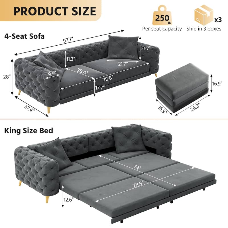 GDFStudio - Velvet 97.7" 3-in-1 Convertible Sleeper Sofa with Pull-Out Bed