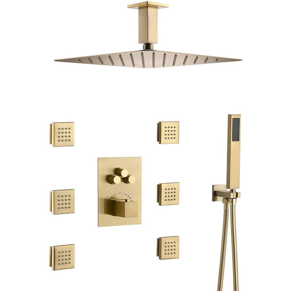 12" Ceiling Rainfall 3 Way Thermostatic Faucet Shower System w/6 Body Jets