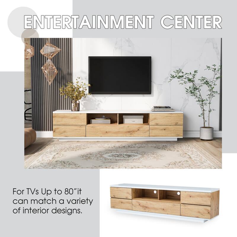 Natural+White 70.8" TV Stand with Storage & Rebound Door for 80" TVs