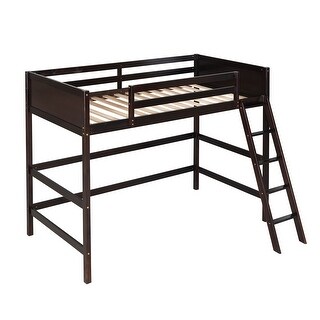 Wooden Loft Bed Twin Size, Solid Wood High Loft Bed Frame with Ladder & Safety Guardrail, Twin Kids Bed Frame for Boys Girls